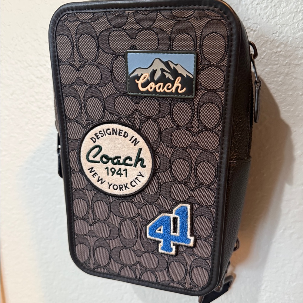 Coach Men's Brown Signature Patch Belt Bag with Blue Accent